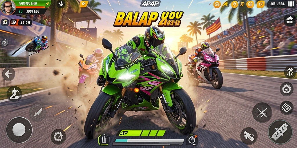 Screenshot gameplay 4P4P menampilkan balapan motor yang seru.