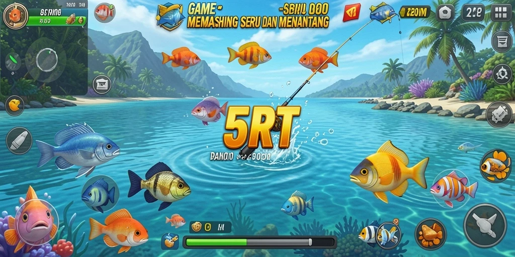 Screenshot gameplay 5RT menampilkan momen menangkap ikan di lautan yang indah.