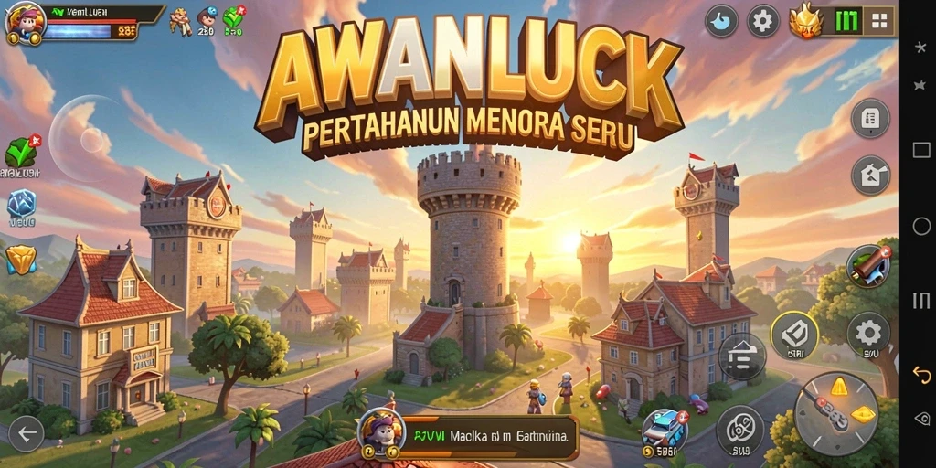 Tampilan gameplay AWANLUCK dengan menara yang strategis.