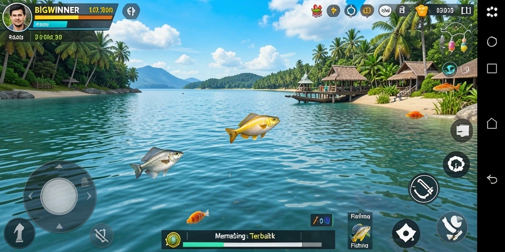 Tangkapan layar dari gameplay <strong>BIGWINNER</strong> yang memukau saat memancing.