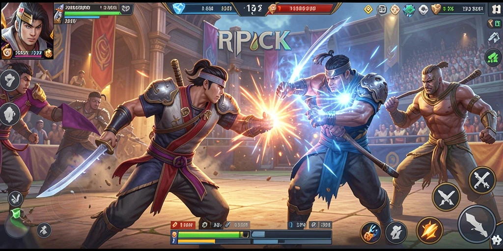 Gameplay RPOK yang menegangkan dengan karakter bertarung di arena.